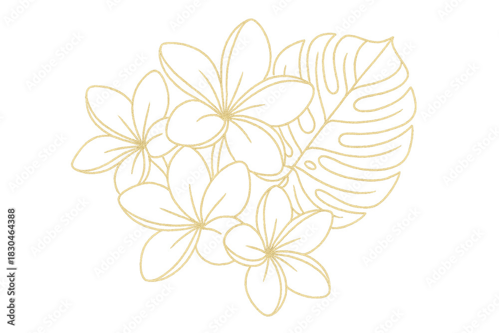 Obraz premium Golden Flora: An elegant composition of golden frangipani blossoms and a lush monstera leaf, radiating a sense of tropical elegance and natural beauty.