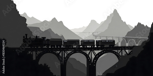 A black-and-white silhouette of a train winding through a mountainous landscape