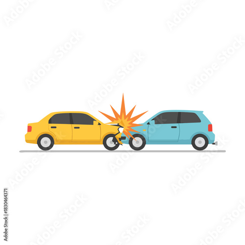 Side view of yellow and blue cars colliding in a traffic accident vector illustration.