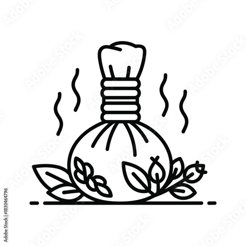 Steaming Herbal Compress with Leaves for Spa and Massage Icon