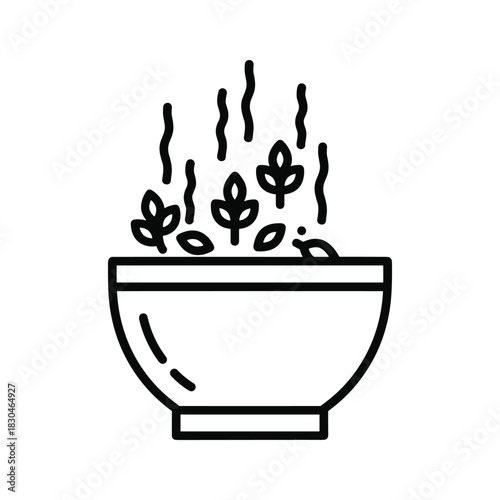 Steaming Hot Bowl with Leaves Line Icon