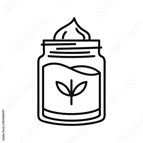 Natural cosmetic cream jar with plant leaf icon