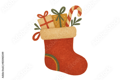 Festive Christmas Stocking: A festive Christmas stocking brimming with colorful gifts and a sweet candy cane, perfect for the holiday season.