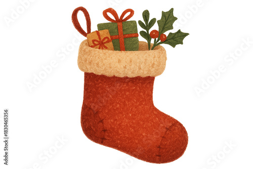 Christmas Stocking Filled with Presents: A festive Christmas stocking overflows with gifts and festive ornaments, embodying the joy and anticipation of the holiday season.