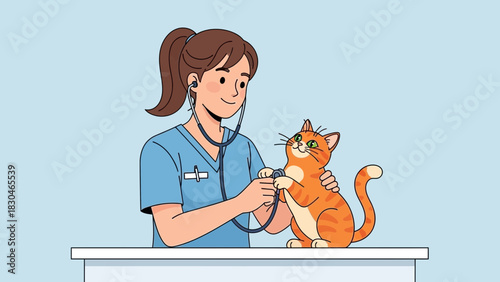 A vet examining an orange cat with a stethoscope