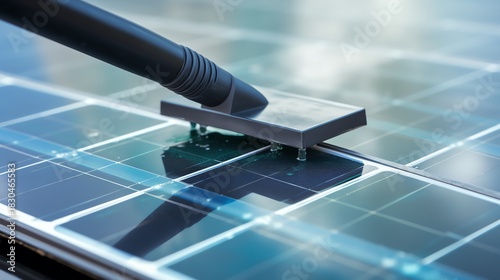 Cleaning a solar panel with a brush.