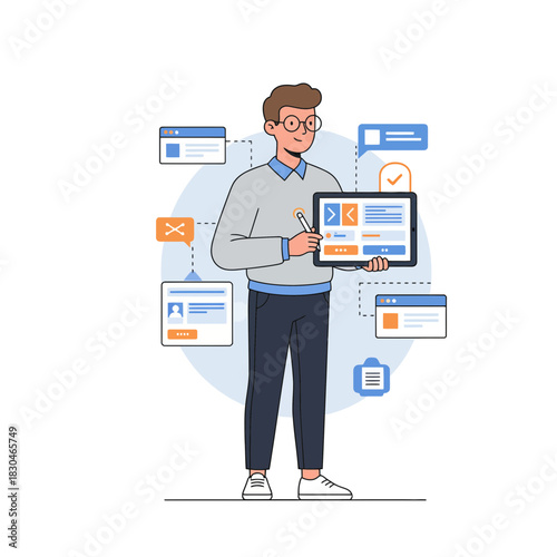 Man presenting software code on a digital tablet screen