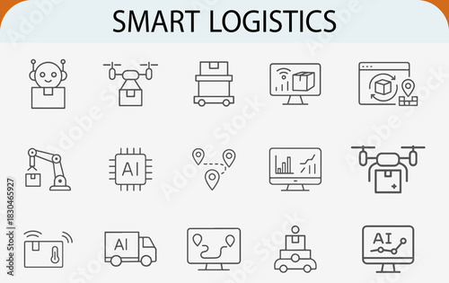 smart logistics line icon set, ai supply chain delivery robot vector