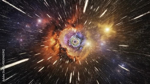 Celestial Voyage: Witness the cosmos in a dazzling display of color, depth, and energy, with bright light shooting across the expansive dark sky