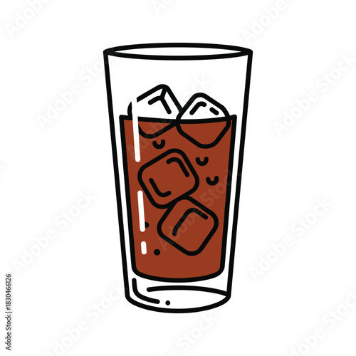 Glass of Iced Coffee or Cola with Ice Cubes - Line Art Illustration