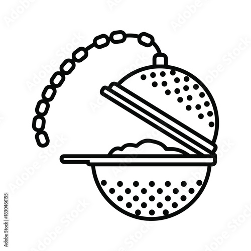 Open Tea Infuser Ball with Loose Leaf Tea and Chain Outline Icon