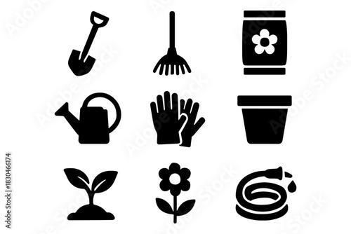 Silhouette garden tools and plants icon set for horticulture and gardening enthusiasts