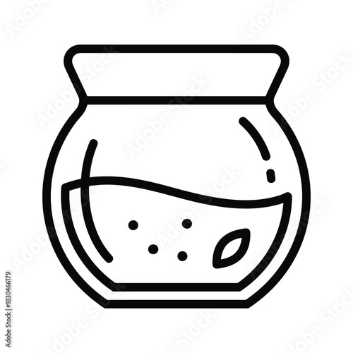 Line art icon of a small, round jar containing liquid with dots and a leaf, possibly honey, jam, or natural cosmetic.