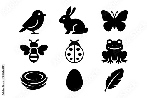 Nature silhouette collection: bird, rabbit, butterfly, bee, ladybug, frog, nest, egg, feather