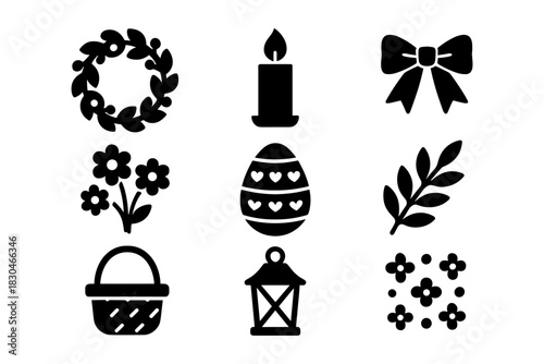 Festive silhouette icons set: easter decorations, wreath, candle, bow, basket