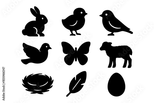 Animal silhouettes collection: rabbit, birds, butterfly, sheep, egg, feather, nest