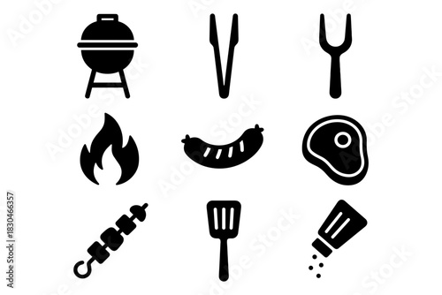 Black and white bbq icons set featuring grill, sausage, and cooking utensils