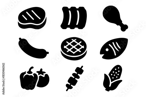 Grilled food icons collection: meat, fish, vegetables, and more in solid style