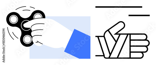 Hand twirling fidget spinner and iconic thumbs-up gesture, representing stress relief, approval, recreation, focus, productivity, relaxation, and positivity. Ideal for mental health teamwork