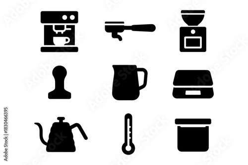 Coffee equipment icons set: brewer, grinder, pitcher, tamper, thermometer, and more