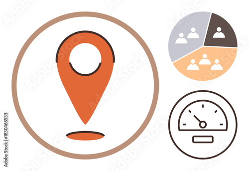 Location pin symbol with pie chart showing segmentation and speedometer indicating performance or speed. Ideal for analytics, navigation, performance tracking, business strategy, data management
