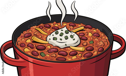 Hot chili stew in red cooking pot, kidney beans and ground meat, sour cream topping, tortilla strips garnish, steaming comfort food