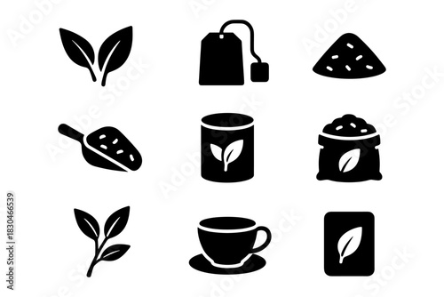 Set of black tea icons featuring leaves, tea bags, and cups in silhouette style