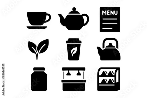 Set of cafe and tea icons in silhouette style for menus and branding