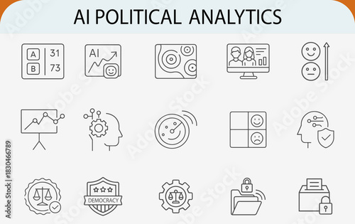 ai political analytics line icon set, voting sentiment analysis technology vector