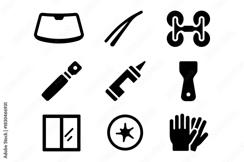 Fototapeta premium Car repair icons: windshield, wipers, tools, glue, putty knife, mechanic gloves, and parts
