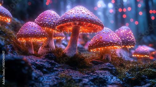 Red fly agaric mushroom in a forest with autumn leaves and moss