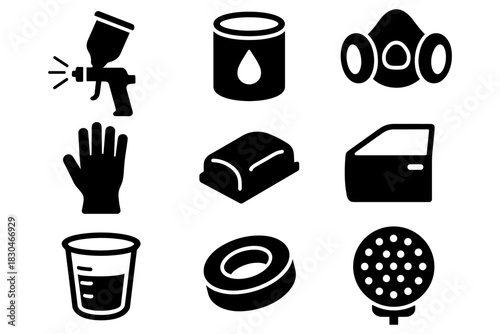 Silhouette symbols of spray painting equipment and safety gear for workshops and diy projects