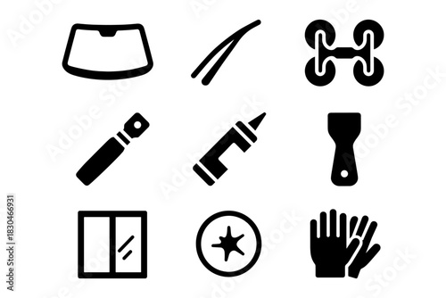 Car repair icons: windshield, wipers, tools, glue, putty knife, mechanic gloves, and parts