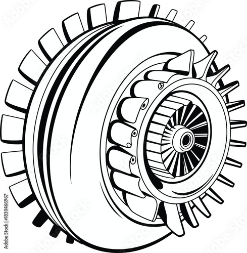 Jet engine illustration, turbine drawing, mechanical engineering sketch, aerospace component, compressor blades, aviation design, technical diagram, propulsion system, black and white