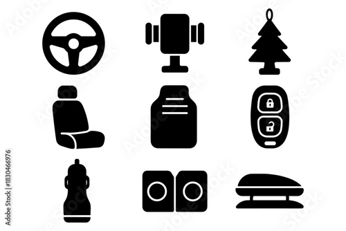 Essential car accessories silhouettes set for modern vehicle interiors