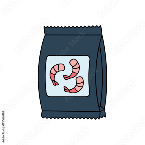 A Dark Gray Bag With A Light Blue Label Featuring Three Pink Shrimp In A Flat Vector Art Sticker Style Against A Black Background