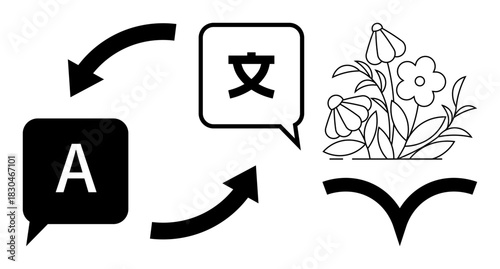 Arrows connecting speech bubbles with translated text highlight seamless language translation. Flowers symbolize growth, understanding, and cultural exchange. Ideal for communication, growth