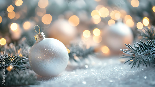 Christmas white decoration ball and spruce tree close-up, bokeh lights background. Merry Christmas.