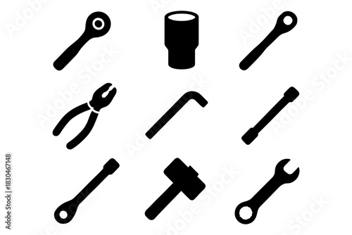 Silhouette tool set: wrench, hammer, pliers, and more in black