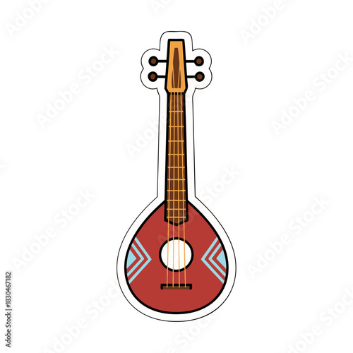 A stylized illustration of a stringed musical instrument featuring a teardrop-shaped body with geometric patterns and a long neck against a black background