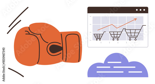 Boxing glove in motion, upward sales growth chart with rising shopping carts, and cloud graphic. Ideal for business competition, success strategies, e-commerce growth, innovation, determination