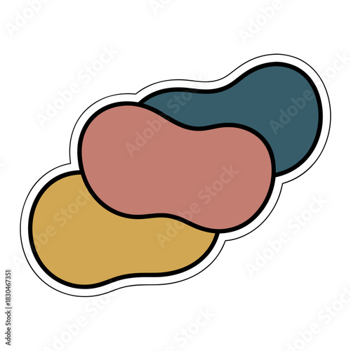 Abstract stylized organic shapes overlapping in a minimalist flat vector art sticker style featuring muted yellow, dusty rose, and deep teal colors with clean white outlines on a black background