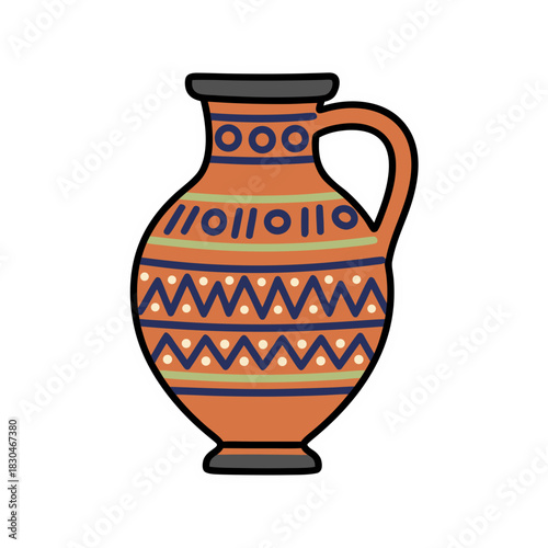 Ancient Greek Pottery With Geometric Patterns And Handle Orange Clay With Black Rim And Detailed Designs In Blue Green And White Colors Clean Sticker Style