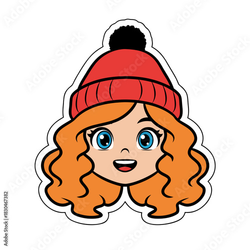 Animated illustration of a young girl with curly orange hair wearing a red winter hat and smiling brightly, isolated on a black background