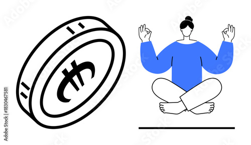 Woman in lotus pose practicing meditation, near a large coin with currency sign. Ideal for financial wellness, mental clarity, minimalism, savings, mindfulness, self-care, simple flat metaphor