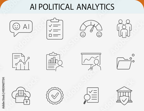 ai political analytics icon set, voter survey government data outline vector