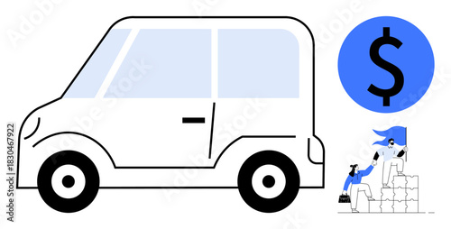 Car illustration with a blue dollar icon and a small team stacking blocks collaboratively. Ideal for business, vehicle financing, economy, collaboration, monetary growth, teamwork, simple flat