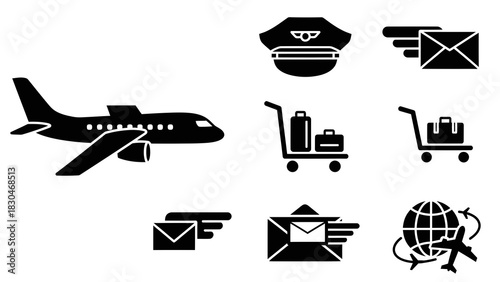 Black vector business icon set illustration featuring email signs and airplane travel transportation symbols