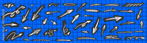 Artistic scrapbook arrow pack blending loose scribble marks and distressed paper surfaces. Arrow forms, scrapbook cuts, dynamic scribble details and textured paper pieces make a crafty, crayon-chalk s