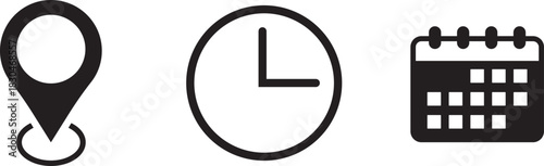 Calendar clock and location pin icons representing time date and place. Color business schedule and office time clock